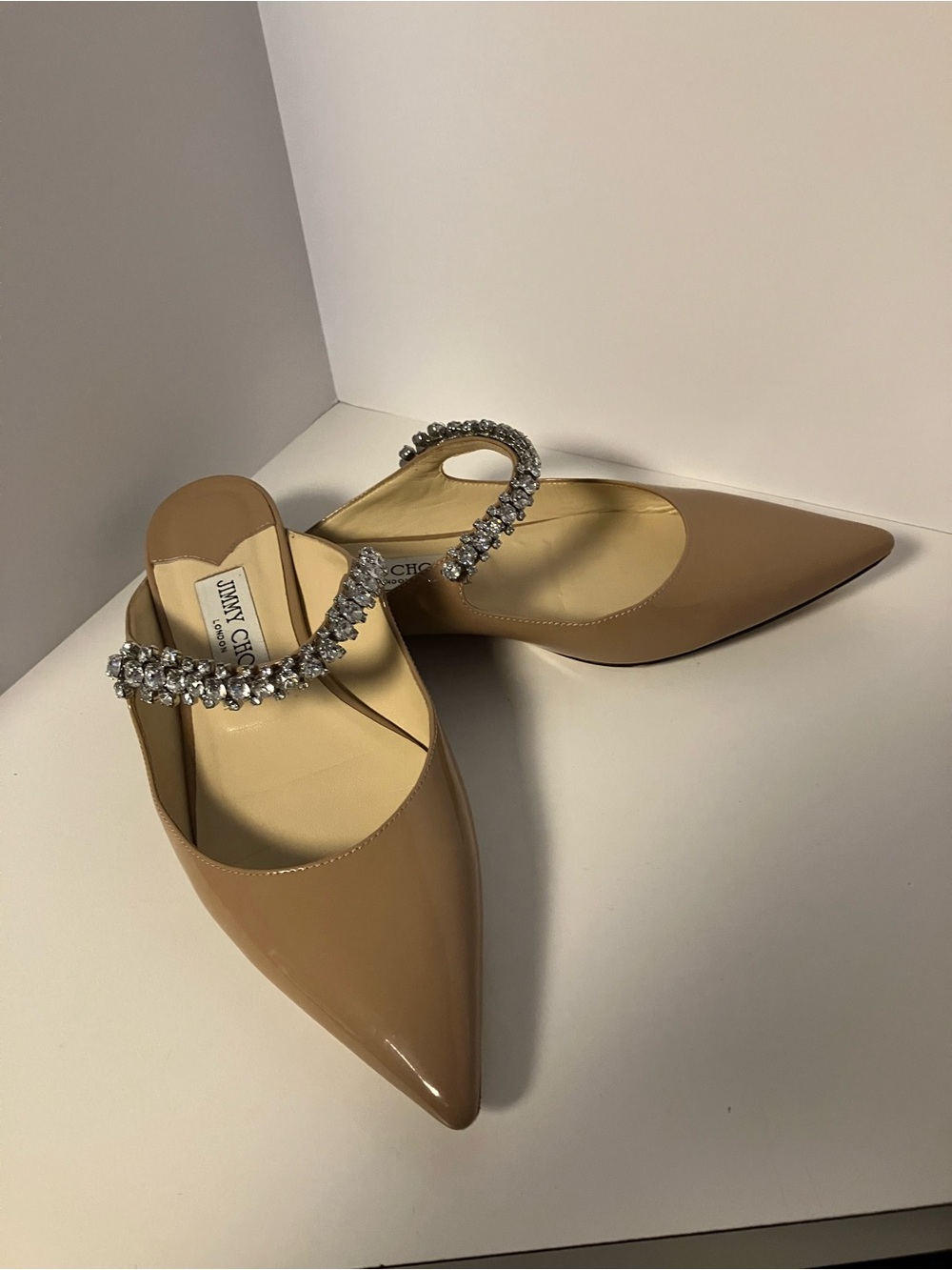 Jimmy Choo Bing ballet Nude Patent Leather Pointed Crystal-Embellished Mules